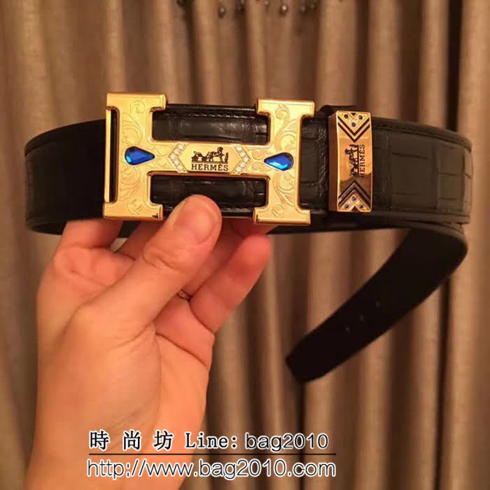 愛馬仕HERMES 純手工美洲鱷魚無拼接肚皮 專櫃鑲鑽藍寶石 高端男士皮帶 HHG1373